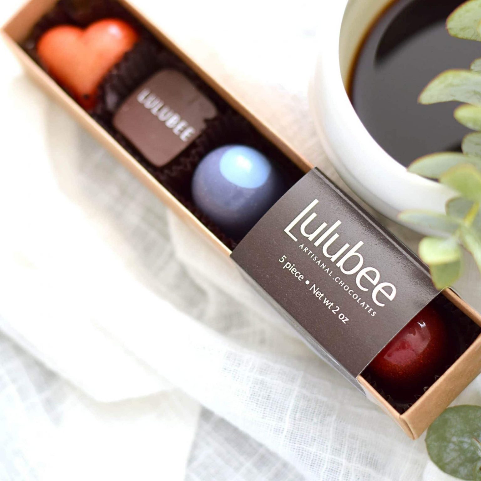 An assortment of 5 gourmet chocolate truffles in a box that has a cigar band that reads Lulubee Artisanal Chocolates