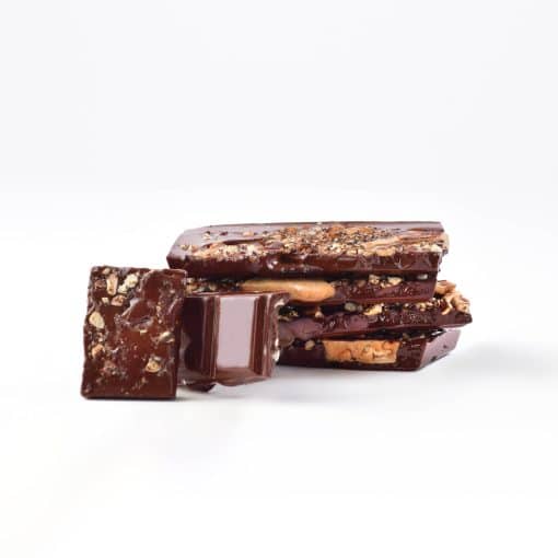 Vertical stack of Gourmet Dark Chocolate Bar with Toffee with two pieces facing the front