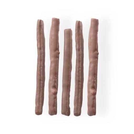 Five dark-chocolate covered orange peels in a row on a white background
