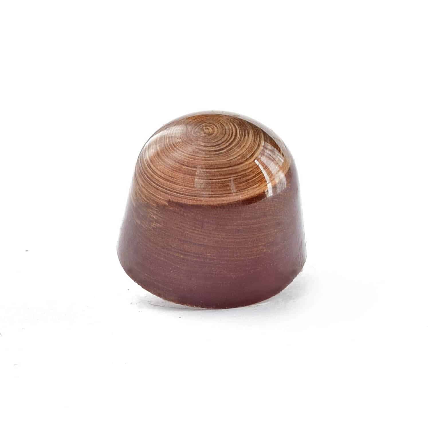 Side view of a light-brown gourmet chocolate truffle with light tan concentric circles; truffle tastes like mocha