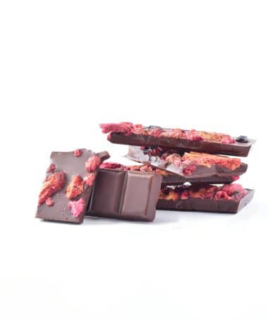 Vertical stack of Gourmet Mixed Berries and Dark Chocolate Bar with two pieces facing the front