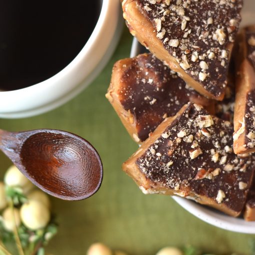 Bowl filled with pieces of English toffee with gourmet dark chocolate spread on top and then sprinkled with chopped pecans. A cup of black coffee and a wooden spoon is next to it