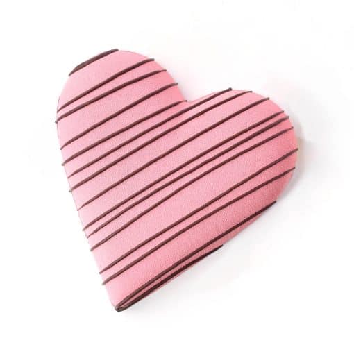 Large gourmet milk chocolate Valentine Heart filled with caramel, peanut butter, and pretzels. Heart is pink with dark chocolate stripes. Gluten-free