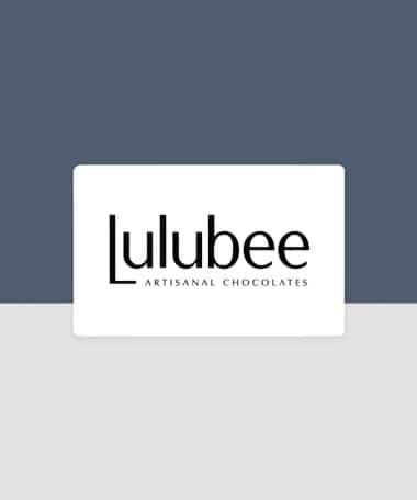 Square blue and gray gift card with a white rectangle that reads Lulubee Artisanal Chocolate