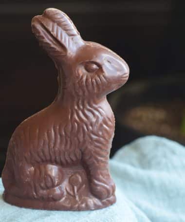 Solid gourmet dark chocolate Easter bunny with specks of Cocoa Pebbles cereal