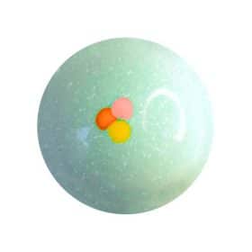 Overhead view of a pale blue gourmet bonbon with an orange, pink, and yellow dot in the center