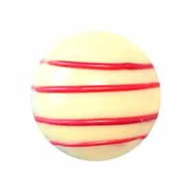 Overhead view of a cream-colored gourmet chocolate truffle with 4 red horizontal stripes; truffle tastes like white chocolate and raspberry