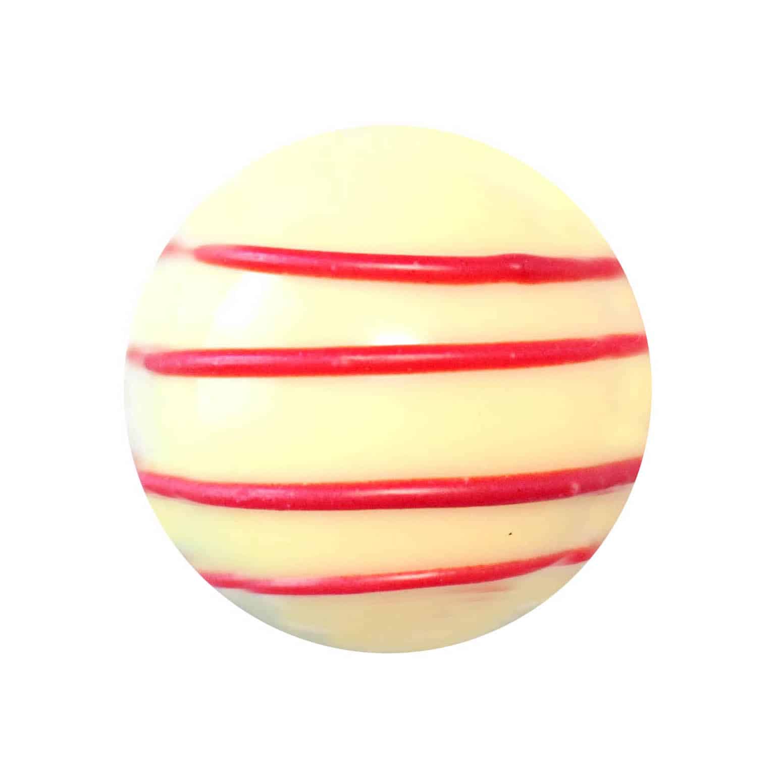 Overhead view of a cream-colored gourmet chocolate truffle with 4 red horizontal stripes; truffle tastes like white chocolate and raspberry