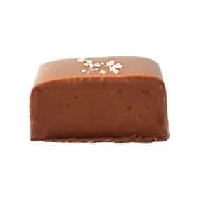 Inside view of a gourmet milk chocolate truffle that contains caramel; truffle is sprinkled with sea salt