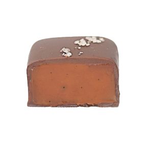 Inside view of a gourmet dark chocolate truffle that contains caramel; truffle is sprinkled with sea salt
