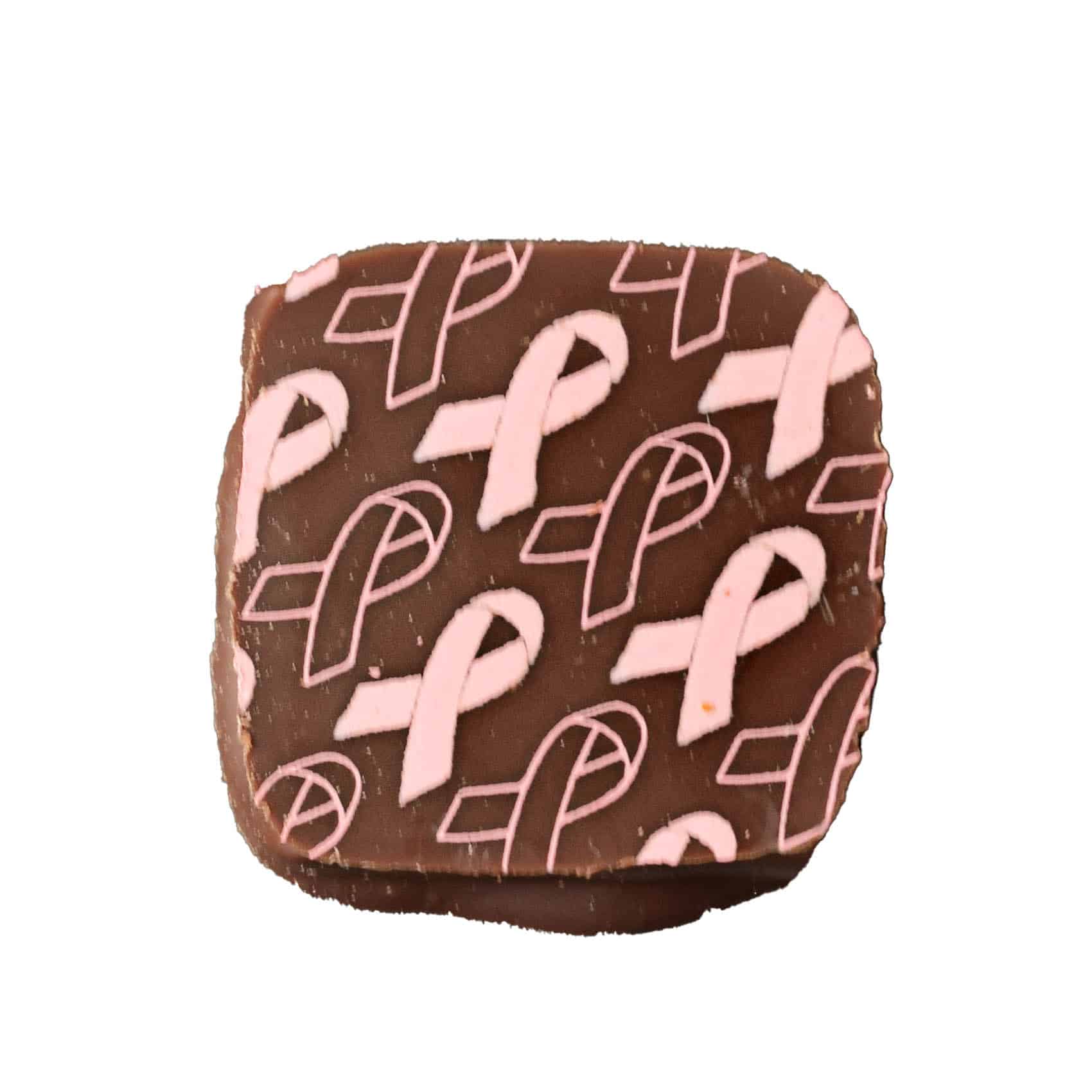Overhead view of a square gourmet chocolate bonbon with Breast Cancer Awareness Pink Ribbons on top; contains raspberry caramel