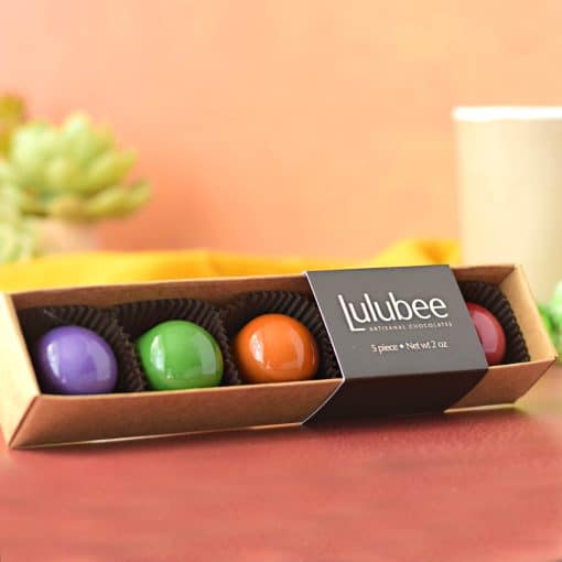 5-piece box of autumn-colored gourmet chocolate bonbons