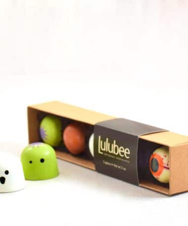 5-piece box of Halloween-themed gourmet chocolate truffles in a box with a label that reads Lulubee Artisanal Chocolates