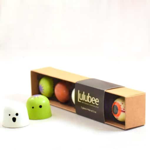 5-piece box of Halloween-themed gourmet chocolate truffles in a box with a label that reads Lulubee Artisanal Chocolates