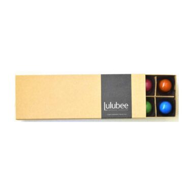 A kraft-colored box with a cigar band containing the Lulubee brand; box is open to reveal some bonbons