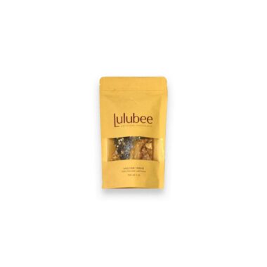 Large package of English Toffee; package is kraft colored and has the Lulubee logo on it