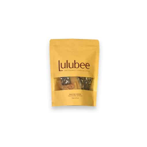 Large package of English Toffee; package is kraft colored and has the Lulubee logo on it