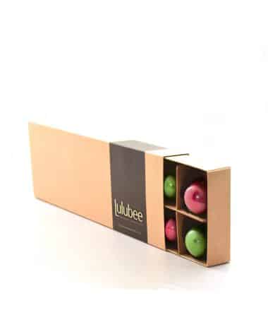 12-piece box of artisan chocolate truffles in a kraft box with a label that reads Lulubee Artisanal Chocolate