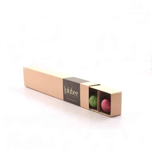 6-piece box of artisan chocolate bonbons in a kraft box with a label that reads Lulubee Artisanal Chocolate