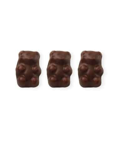Chocolate Covered Cinnamon BearsOverhead view of three chocolate-covered cinnamon bears laying on a white background.