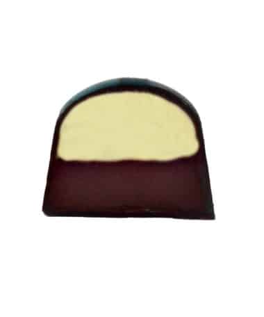 Inside view of a Tiramisu-flavored gourmet chocolate bonbon with two layers: mascarpone and coffee