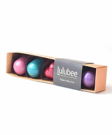 5-piece box of gourmet chocolate truffles in a kraft box with a label that reads Lulubee Artisanal Chocolates