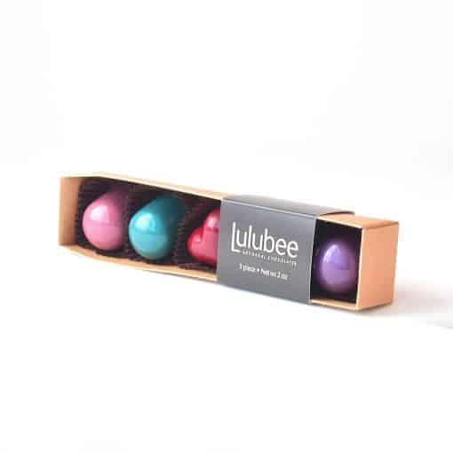 5-piece box of gourmet chocolate truffles in a kraft box with a label that reads Lulubee Artisanal Chocolates