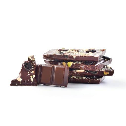 Vertical stack of Cherry and Pistachio Gourmet Dark Chocolate Bar with two pieces facing the front