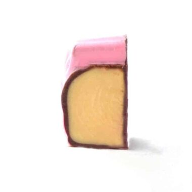 Inside view of a rabbit-shaped gourmet chocolate truffle filled with handcrafted peanut butter