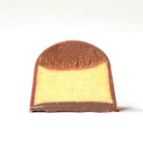 Inside view of a caramel corn gourmet chocolate truffle