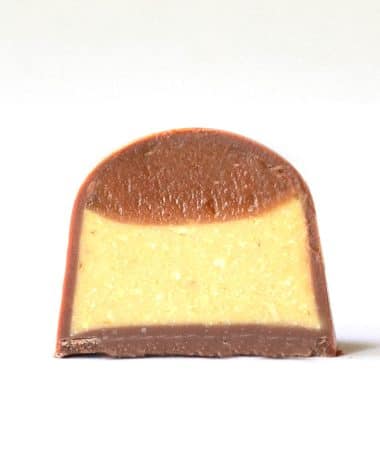 Inside view of a caramel corn gourmet chocolate truffle