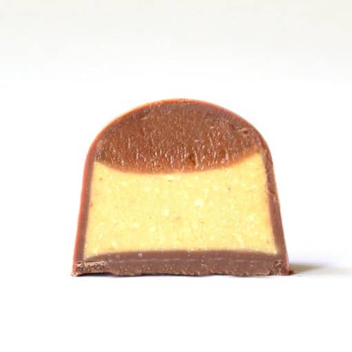 Inside view of a caramel corn gourmet chocolate truffle