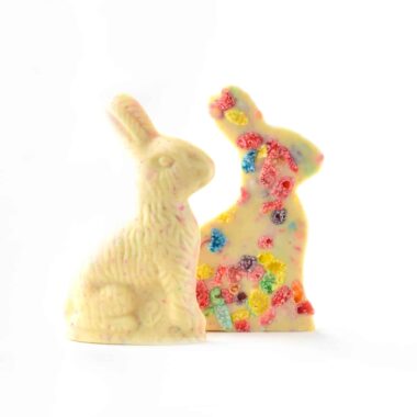 Gourmet white chocolate Easter rabbit with fruity pebbles cereal