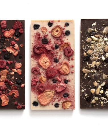 Our Fruit Lovers Chocolate Bar Sampler includes our Mixed Berry Dark Chocolate Bar, Mixed Berry White Chocolate Bar, Cherry and Pistachio Dark Chocolate Bar