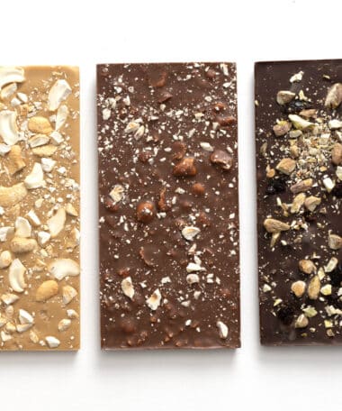 This Nut Lovers Chocolate Bar Sampler contains: Cashew and Caramelized White Chocolate Bar, Cherry and Pistachio Dark Chocolate Bar, Salted Hazelnut Milk Chocolate Bar