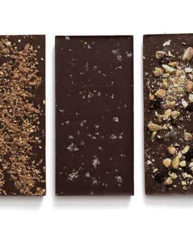 Enjoy our trio of dark chocolate bars: English Toffee Dark Chocolate Bar, Sea Salt Dark Chocolate Bar, Cherry and Pistachio Dark Chocolate Bar
