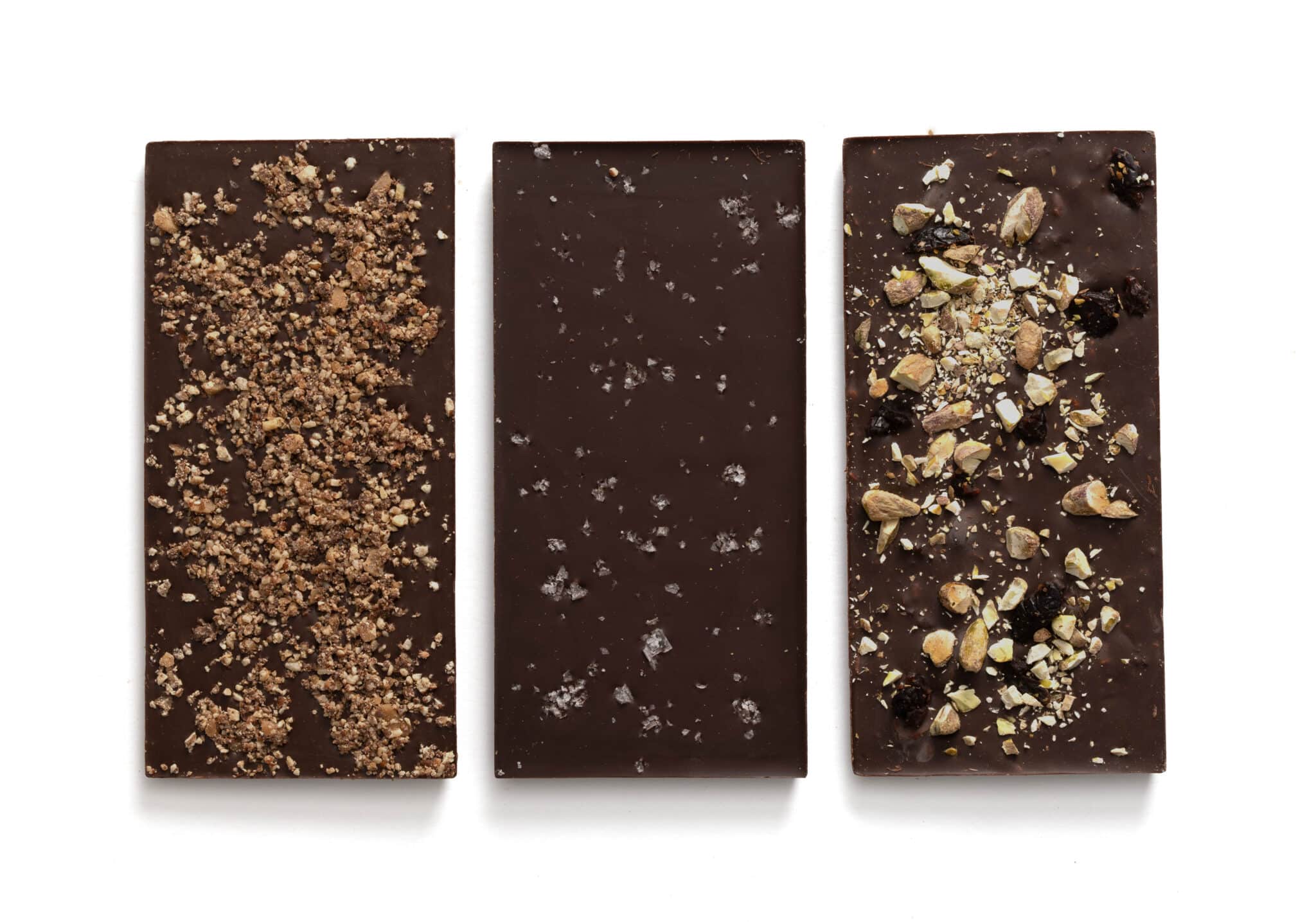 Enjoy our trio of dark chocolate bars: English Toffee Dark Chocolate Bar, Sea Salt Dark Chocolate Bar, Cherry and Pistachio Dark Chocolate Bar